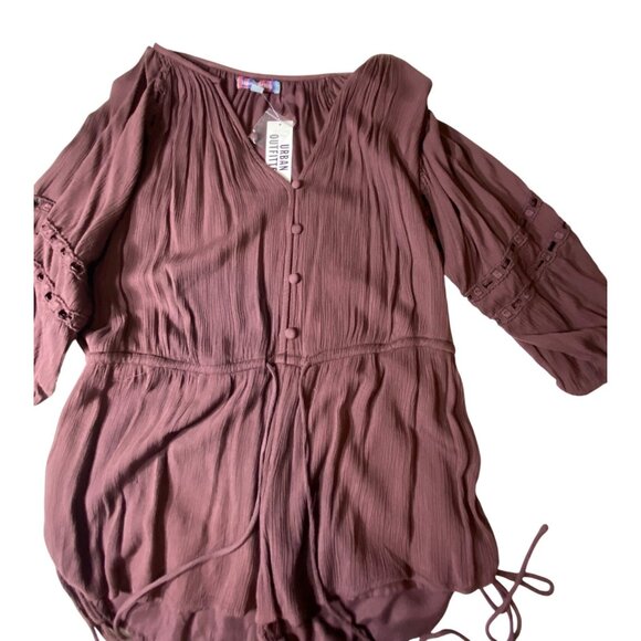 Urban Outfitters Brown Romper S V-Neck Button-Front Lace Sleeve Tie Waist 100% V - Picture 12 of 12